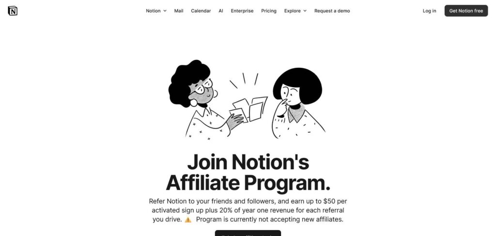 Screenshot of Notion’s affiliate program offering up to $50 per signup and 20% revenue share for referrals.