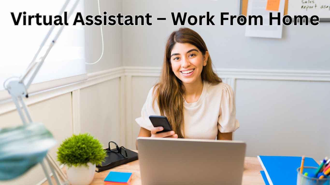 Virtual assistant working from home on a laptop with a headset and notes.