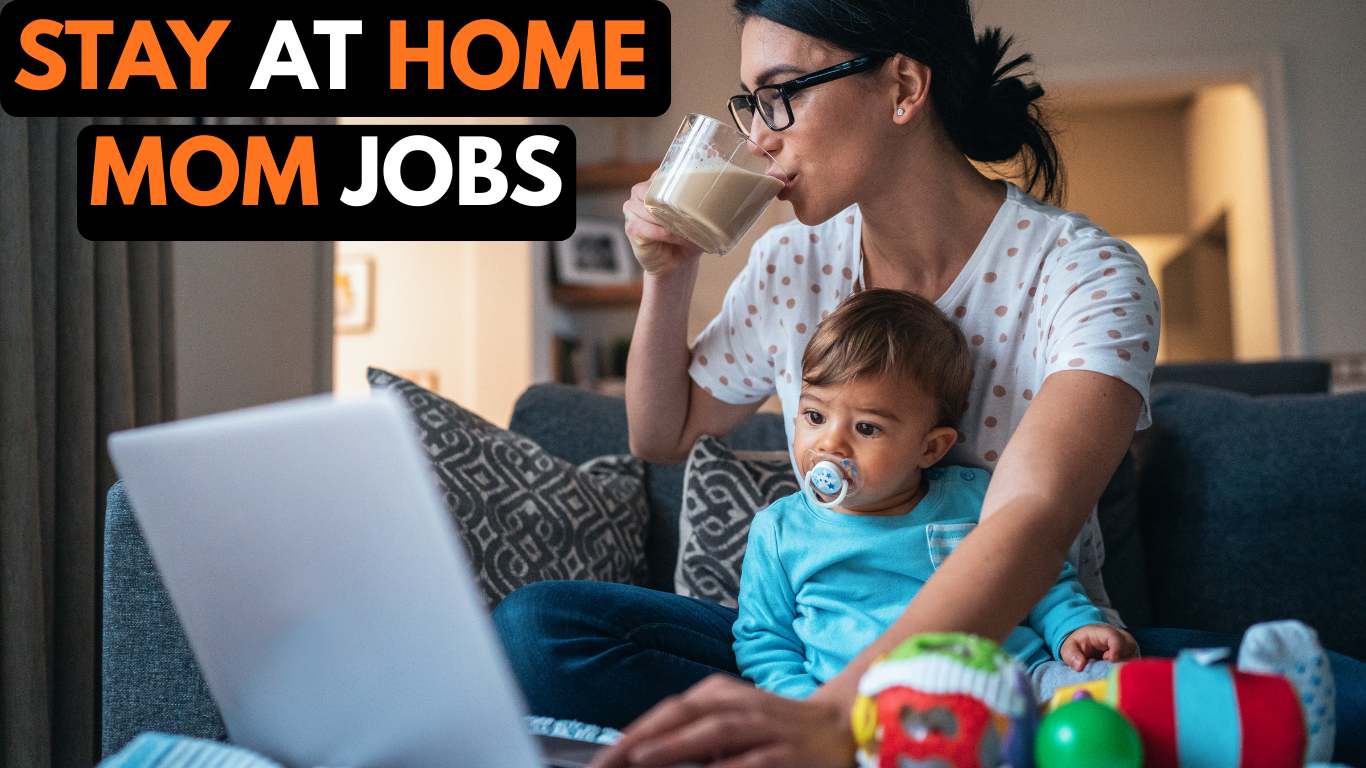 Stay at home mom working from home on a laptop while watching her kids — representing flexible stay at home mom jobs from home.